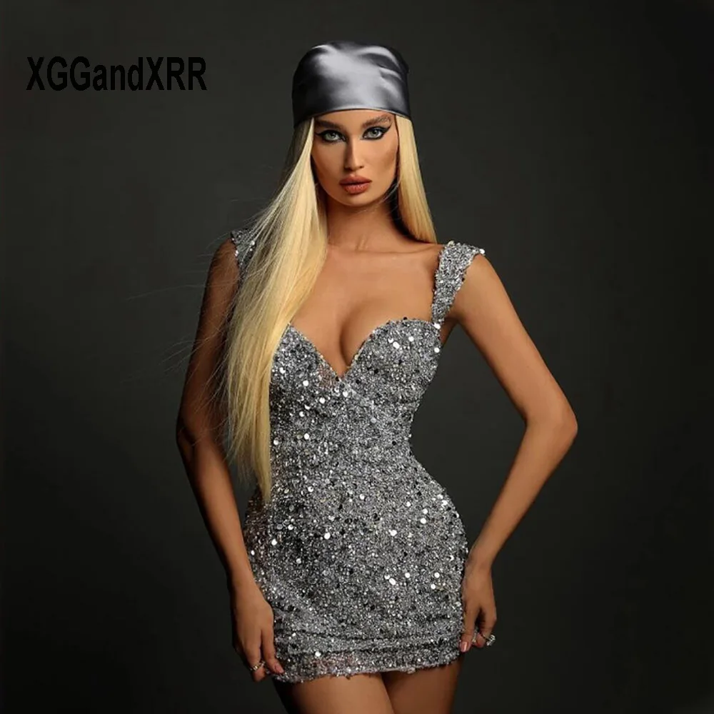 

New Grey Sequin Punk Cocktail Dresses 2023 Sweetheart Sparkle Shoulder Strap Beading Homecoming Prom Party Gown Vestido De Festa