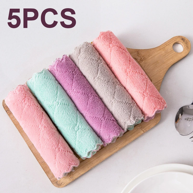 

5pcs Double-layer Absorbent Microfiber Kitchen Dish Cloth Non-stick Oil Household Cleaning Cloth Wiping Towel Home Kichen Tool