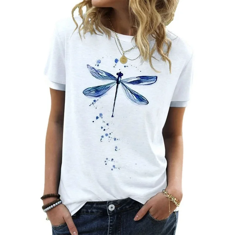 

Female Fashion Casual T-shirts Short Sleeve Dragonfly Print Women Daily Regular Streetwear Ladies Loose Graphic O-Neck Tees Tops