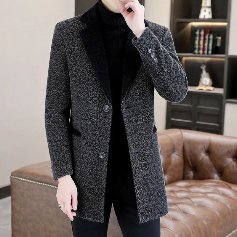 Autumn Winter Wool Blends Long Jackets Men Spliced Slim Casual Business Woolen Coats Social Trench Coat Overcoat Men Clothing