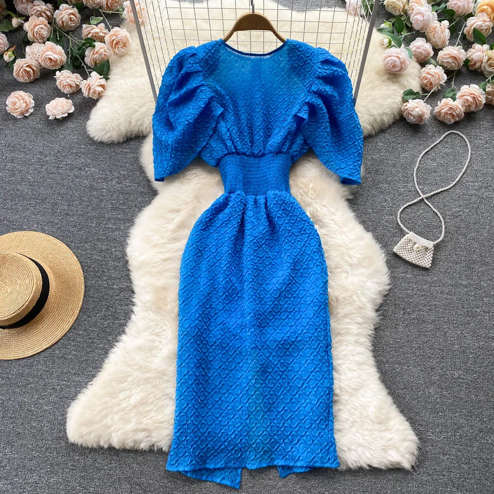 

Милое приталенное французское нишевое платье феи с круглым вырезом и пышными рукавами, приталенное темпераментное элегантное женское плат...