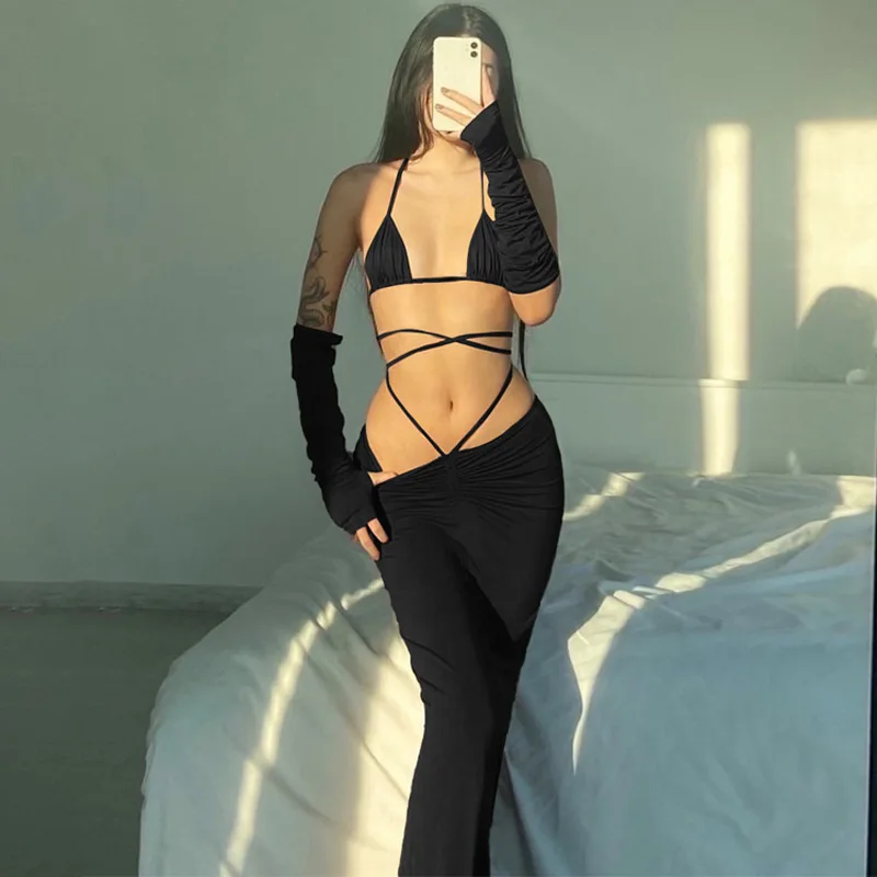 

Bangniweigou Bandage Skirt Set Bustier Top with Gloves Lace-up Dress Two Pieces for Women Club Resort Party Solid Color Sets