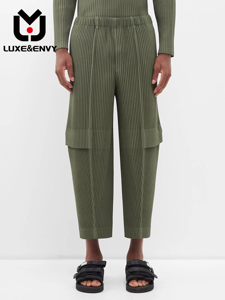 

LUXE&ENVY Pleated Cropped Pants Men's Green Men Casual Cargo Pants Loose 2023 New Summer Autumn