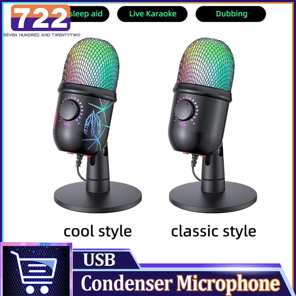 

V5 Wired Studio Podcasting Microphone Usb Stream Recording Desktop Usb Condenser Mic Noise Cancelling RGB Gaming Microphone