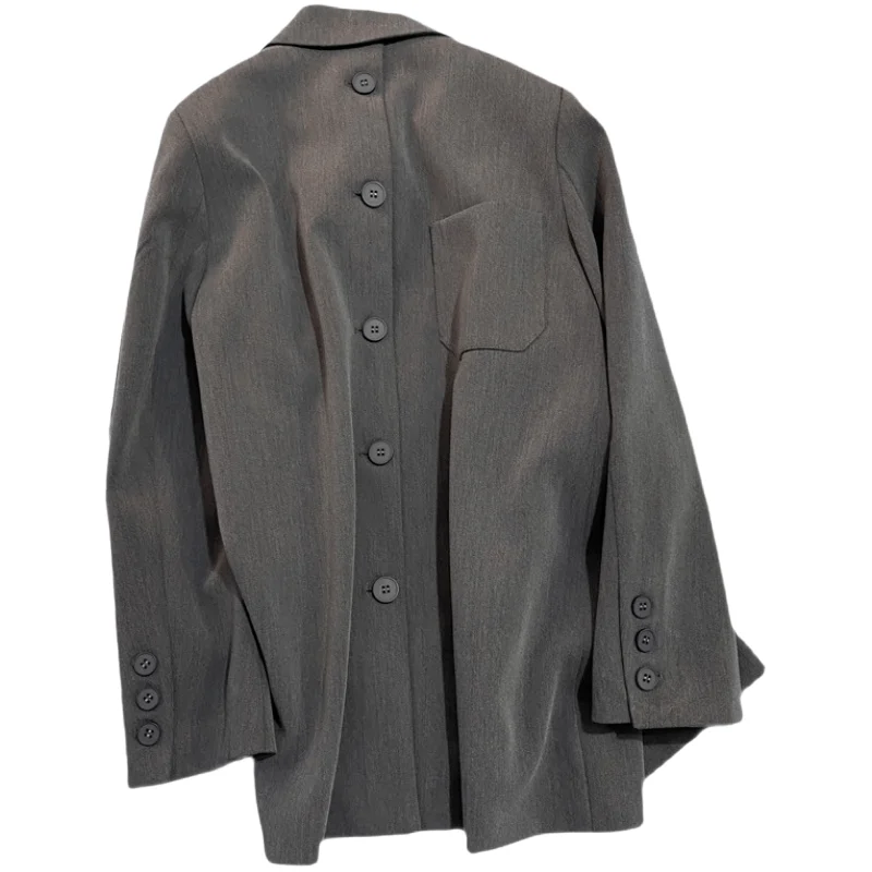 

ZCSMLL, Новинка весна-осень 2022, серый костюм, пальто, женский, с высокой чувствительностью, на пуговицах сзади, индивидуальный модный костюм, высокое чувство моды