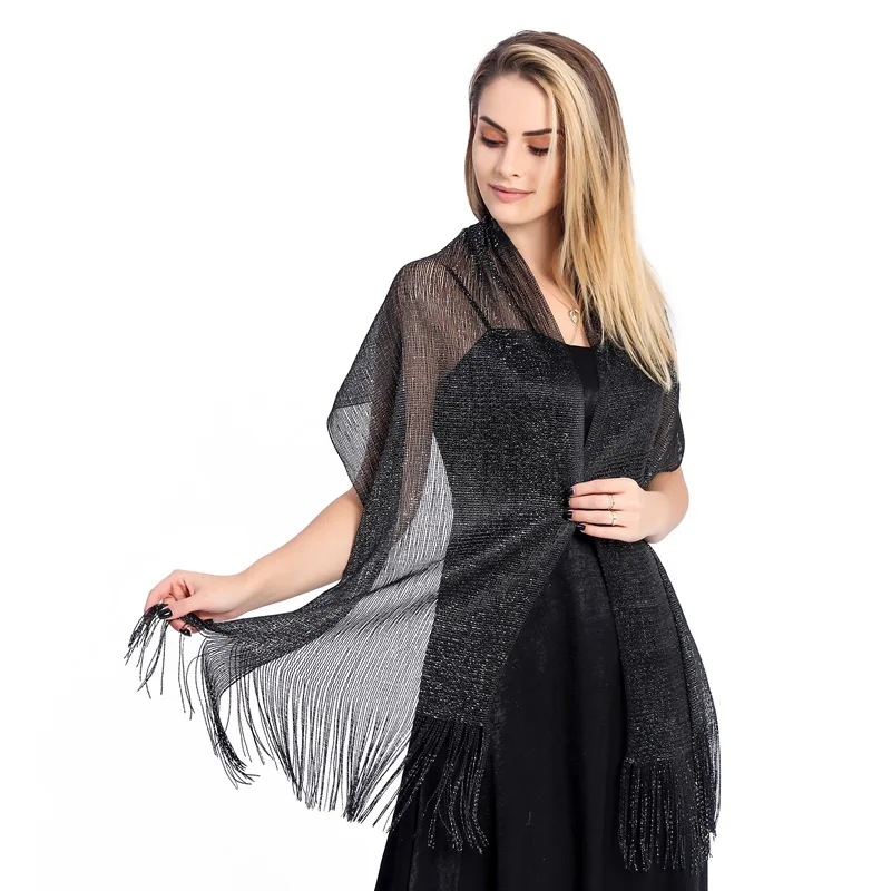

Sexy Women Gold Silver Thread Knit Mesh Long Shiny Sunscreen Shade Shawl Hollow Lace Tassel Party Evening Dress Cloak Scarf P36