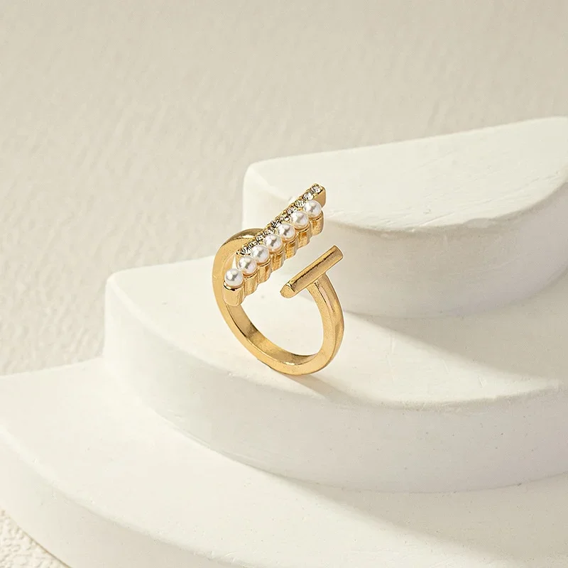 Модное прямоугольное кольцо с открытым белым жемчугом регулируемое серебряное