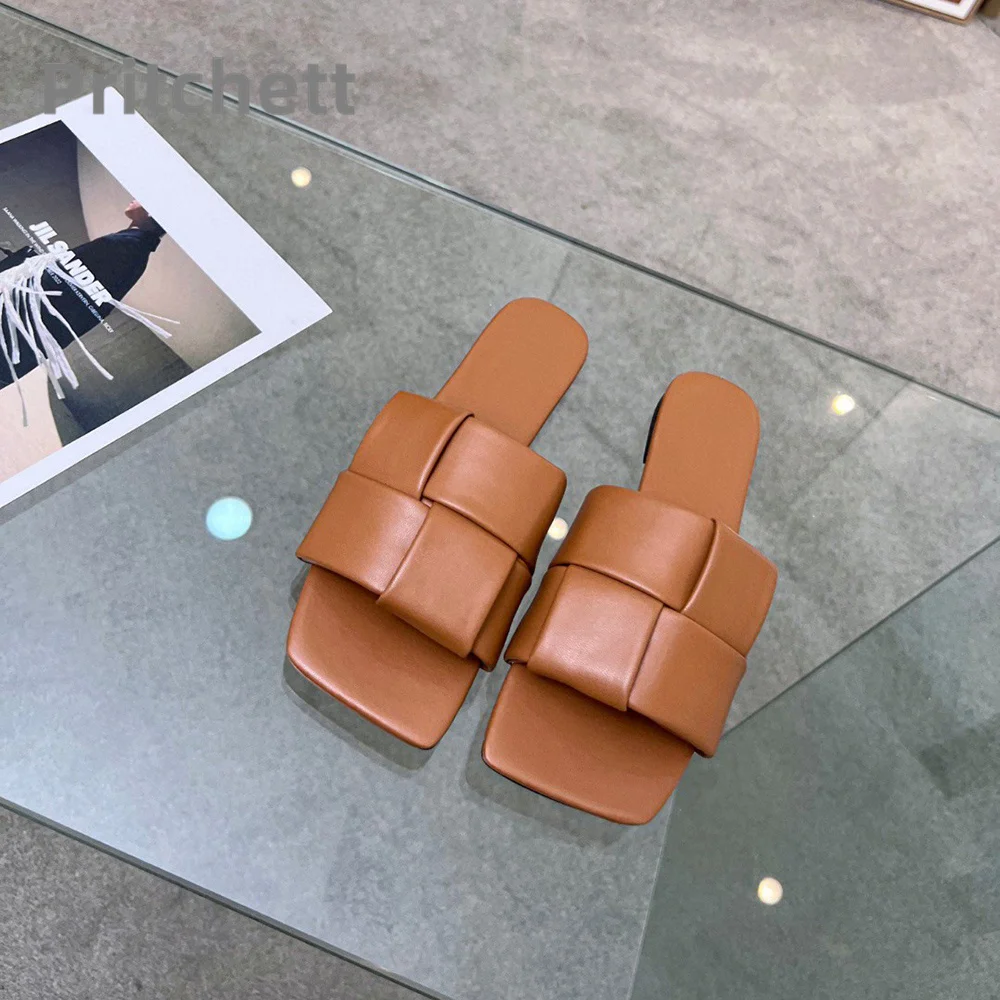 2023 Summer New Flat Bottom Slippers Retro Weave Shallow Mouth Open Toe Fashion Slippers Versatile Concise Women's Shoes