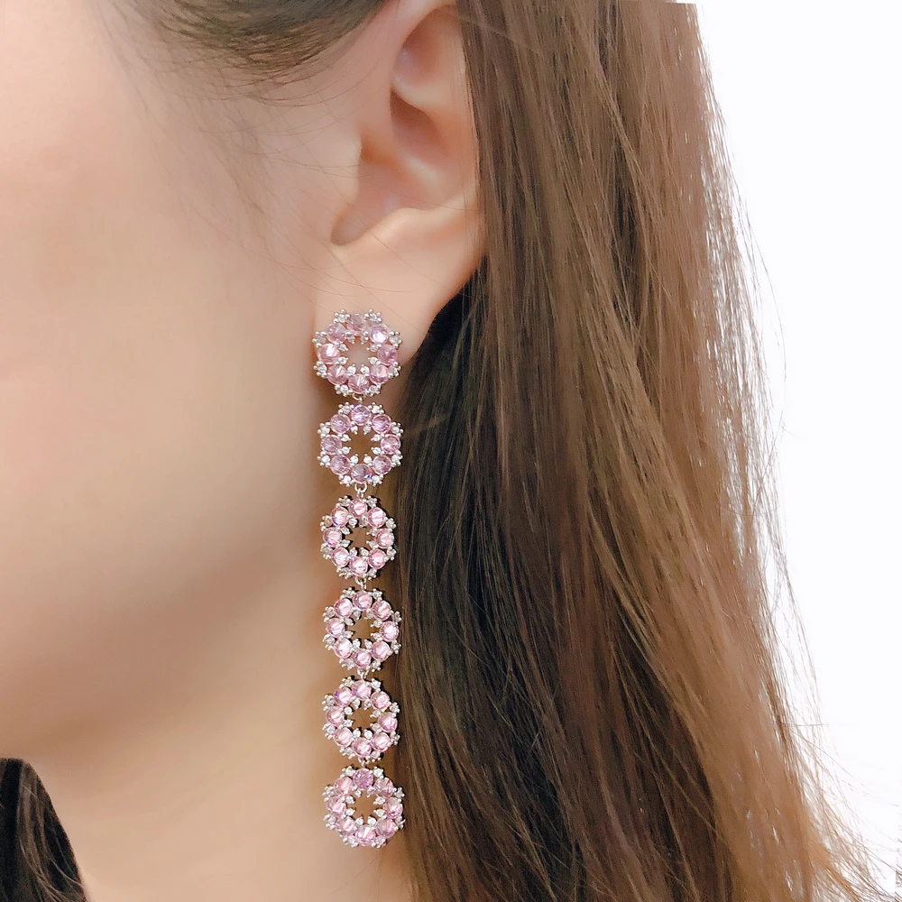 

Luxury Delicate Pink Flower Drop Earring for Women AAA+ Cubic Zirconia Silver Color Party Date Gift Fashion Jewelry