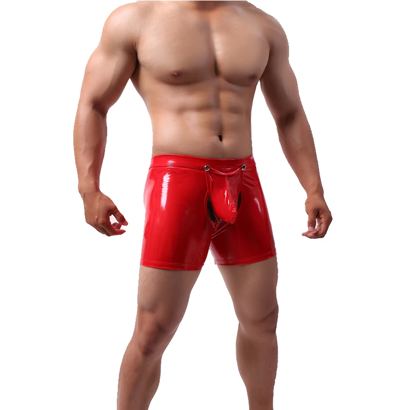 

Men's Faux Leather Extended Boxer Low Waist Open Button Sexy Patent Bodysuits Gay Fetish Stripper Clothes Bodystocking