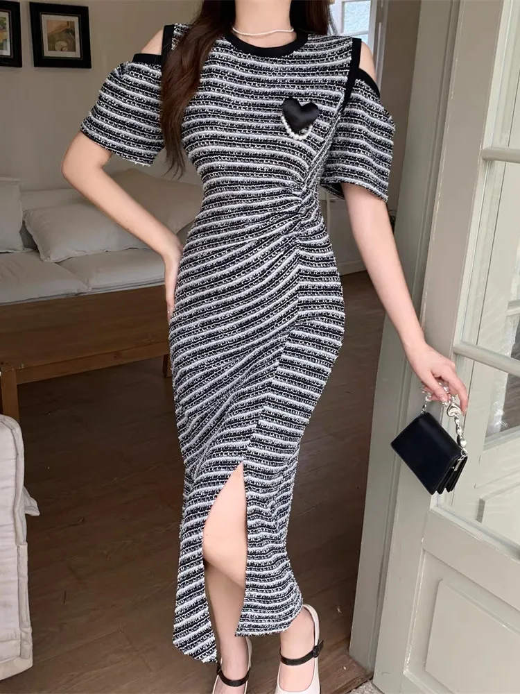 

Women Three-Dimensional Heart-Shaped Stripes Slit Dress Pearl Off-Shoulder Short Sleeve Female O-Neck Midi Robe