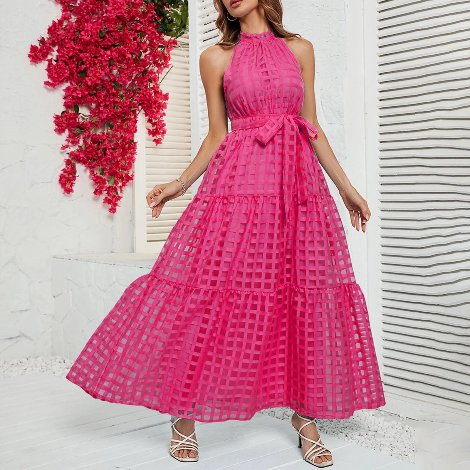 

Женское Сетчатое длинное платье, элегантное винтажное повседневное пляжное платье с лямкой на шее и поясом, лето 2023