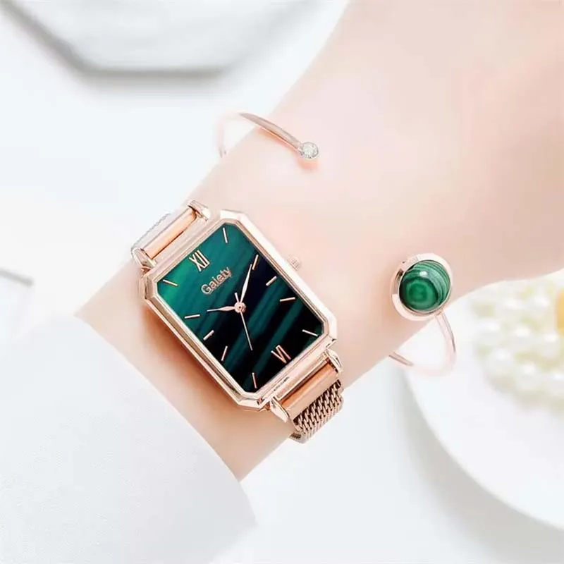 High Quality Fashionable And Versatile Green Bracelet, Alloy Mesh Strap, Korean Version Square Head Women's Watch