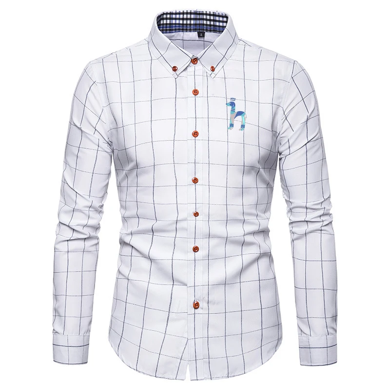 Mens Hazzys Dog Classic Embroidery Shirts Standard-fit Button Up Blouse Tops Business Lapel Long Sleeve High Quality Shirts