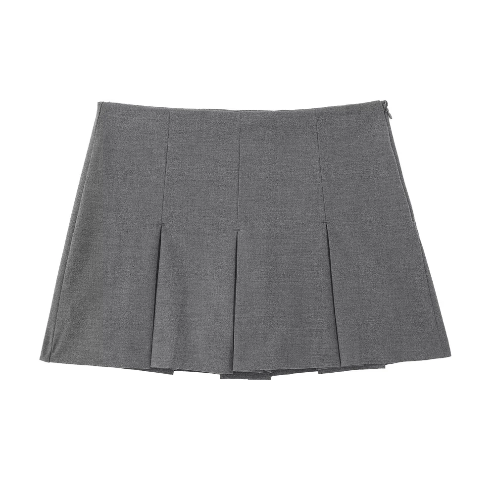 TRAF Women Fashion with Pleated Shorts Skirts Vintage High Waist Side Zipper Female Skort Mujer Casual Clothes New Kawaii Skirt