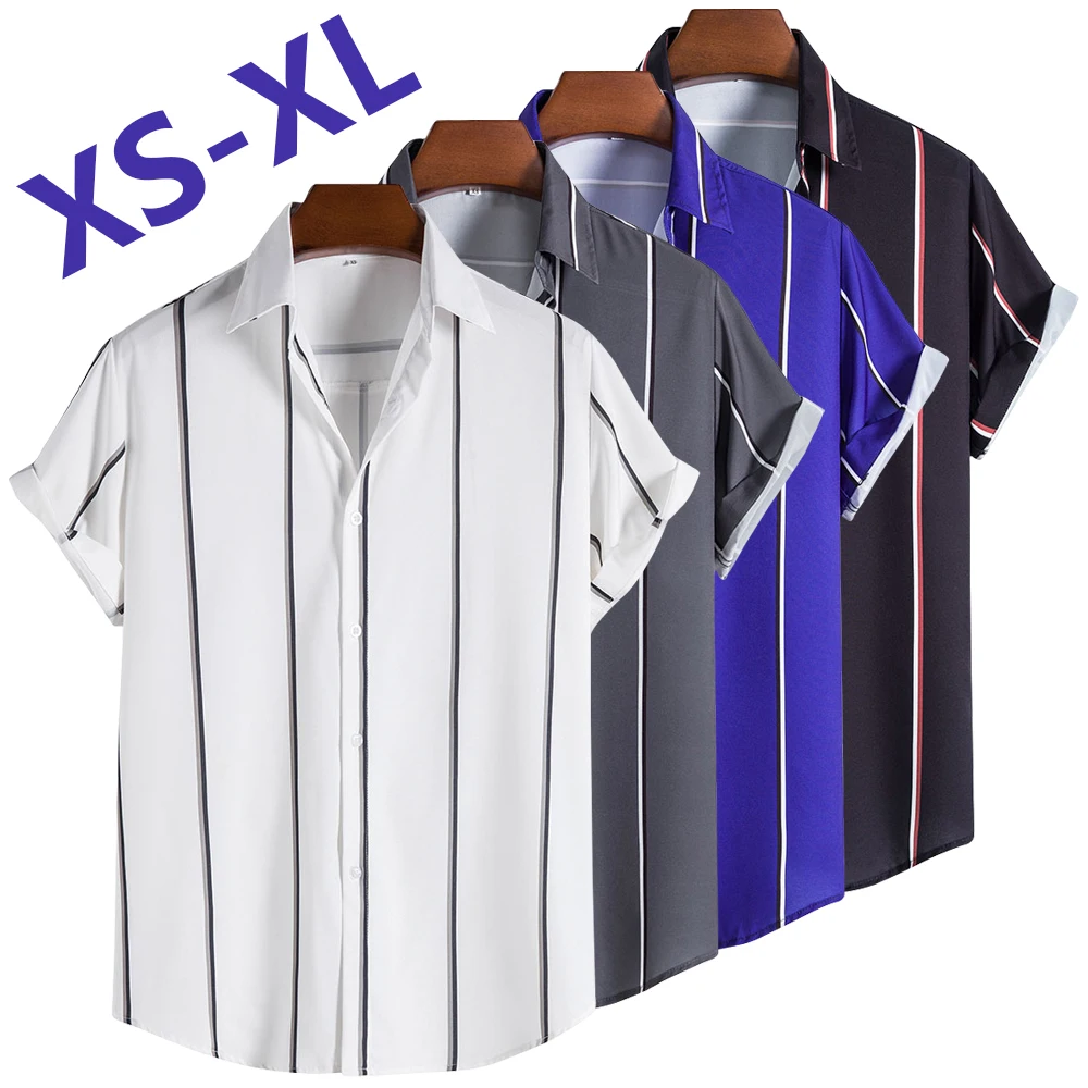 

XS-2XL Hawaiian Style Shirts Men's Striped Summer Casual Shirts Short Sleeve Buttons Beach Holiday Shirts