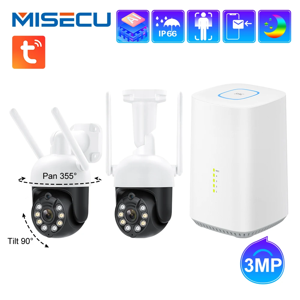 

MISECU HD 3MP 4CH Mini Wireless NVR Kit Two Way Audio Video Outdoor Surveillance System CCTV PTZ WIIFI IP Security Camera Tuya