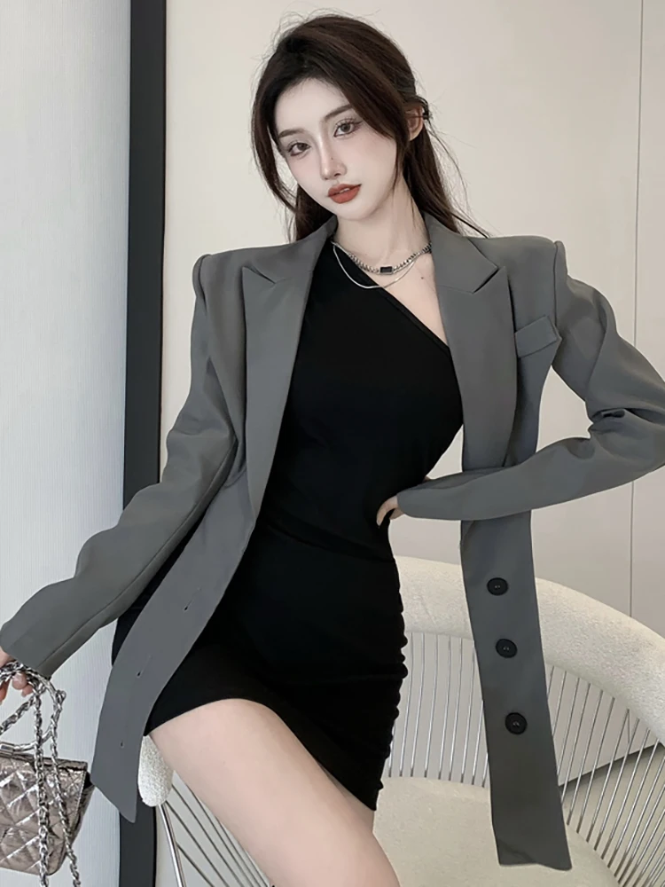 

Комплект из двух предметов Женский, модный серый асимметричный Блейзер, короткий пиджак и сексуальное черное приталенное мини-платье с кос...