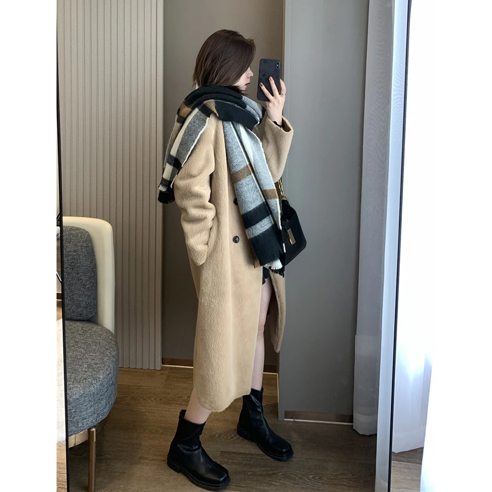 PB&ZA Women's Winter Coat Faux Fur Double-breasted Long Female Clothing Fluffy Overcoat Elegant Solid Casual Oversize Outerwear