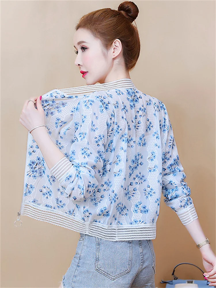 

2022 Summer Sun Protection Clothing Light Thin Print Short Coat Women Fashion Loose Breathable Chiffon Jacket Feminina