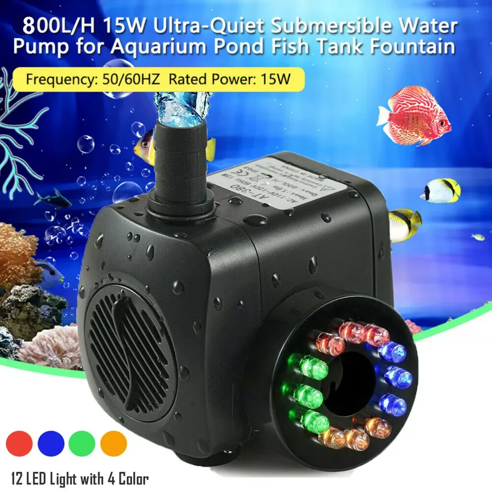 

NEW2022 220V 15W Submersible Water Pump With 12 LED lights 220-240V 800L/H For Aquarium Fish Tank Pond Fountain EU/UK/US Plug