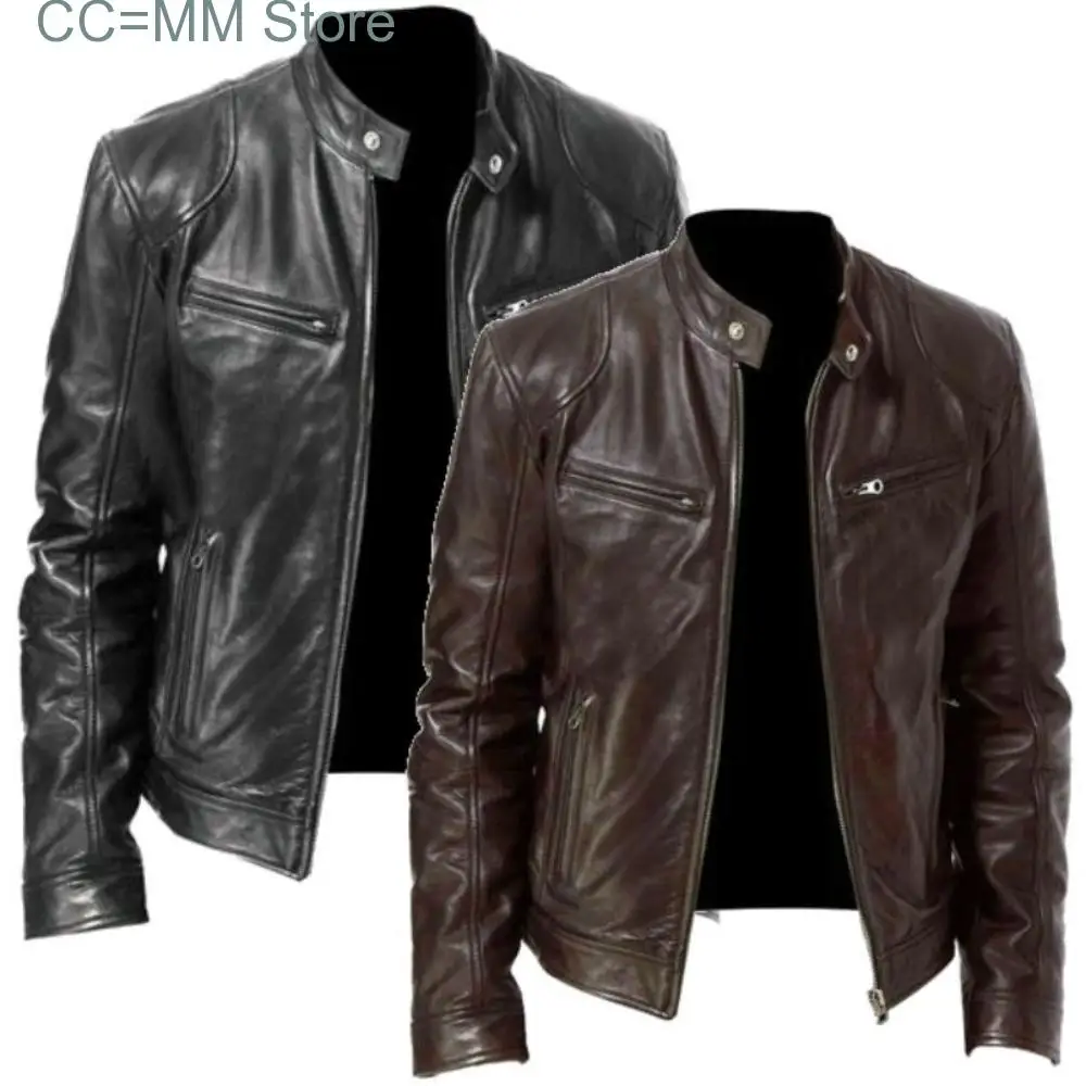 

New PU Jacket Men Fashion Leather Jacket Slim Fit Stand Collar Male Anti-wind Motorcycle Lapel Diagonal Zipper Men Coat
