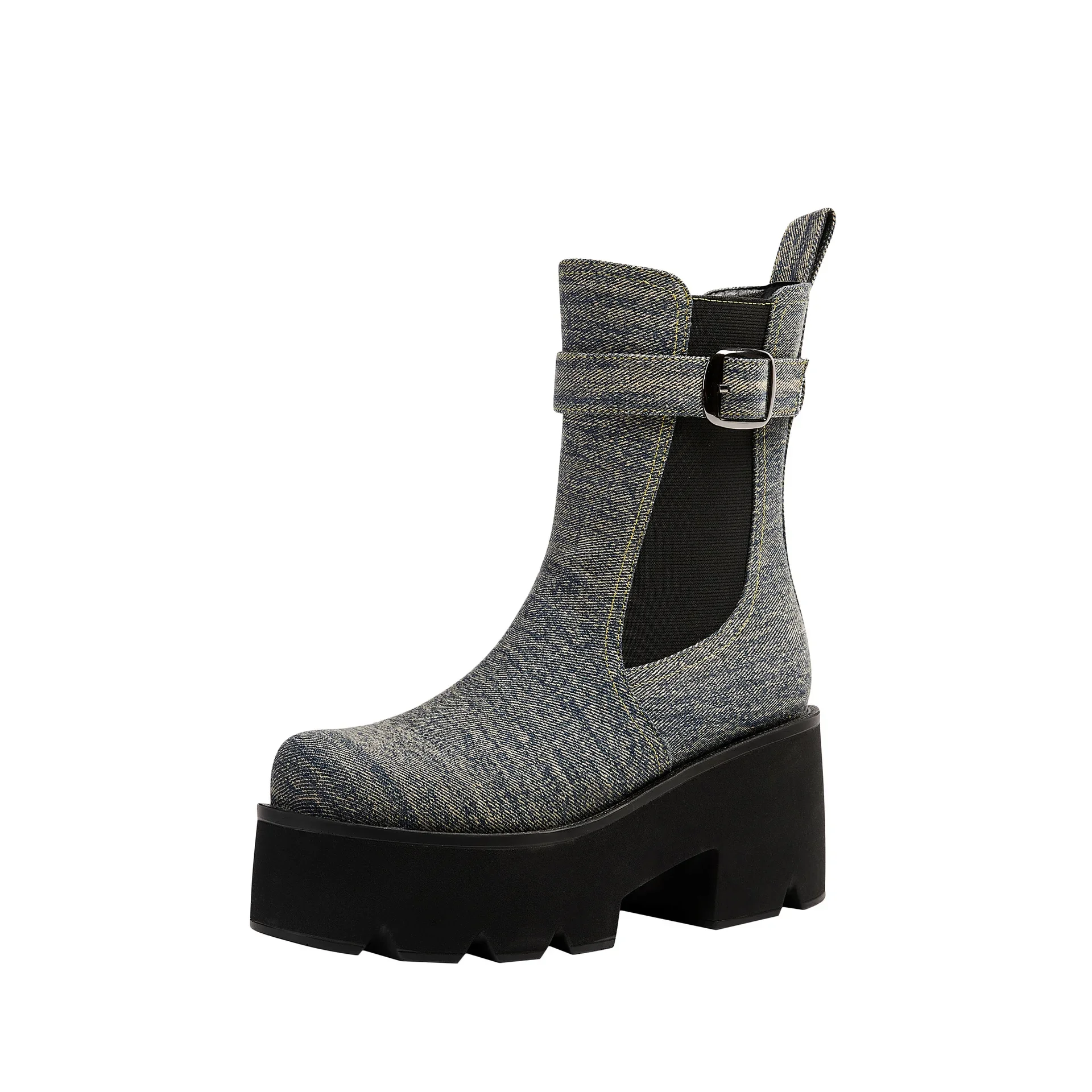 Denim Round Toe Platform Ankle Boots Thick High Heel Color Block Belt Buckle Botines Stitching Material Plus Size Women Boats
