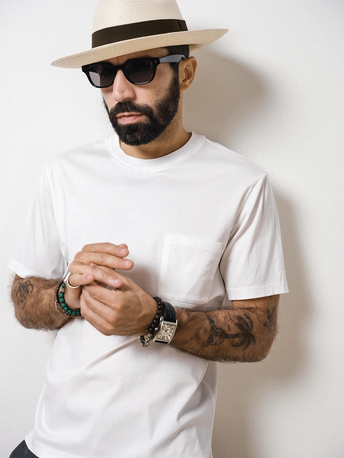 &quotPocket T-IRT&quot Summer High end Double-sided Mercerized Long-staple Cotton Loose round Neck Short sleeve Pocket T-shirt