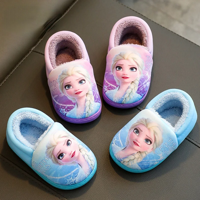 Disney Princess Elsa Winter Children's Cotton Slippers Girl's Parent-child Snow And Ice Strange Fate Non Slip Warm Baby Slippers