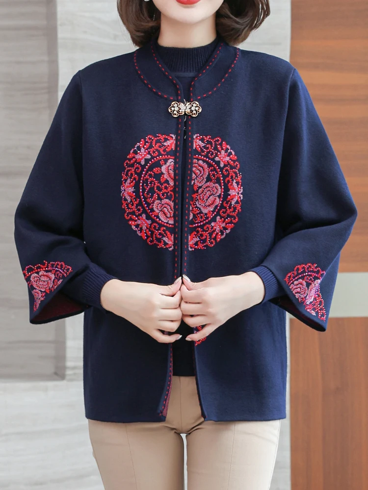 

High Quality Two Pieces Sets Sweater Women Autumn Long Sleeve Embroidery Mother Sweater Set Shirt + Cardigan Sweater For Women