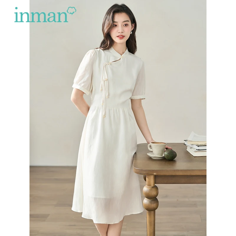 INMAN Women Dress 2023 Summer Short Sleeve Chinese Style Buckle Design A-shaped High Waisted Vintage Apricot Mid-length Skirt