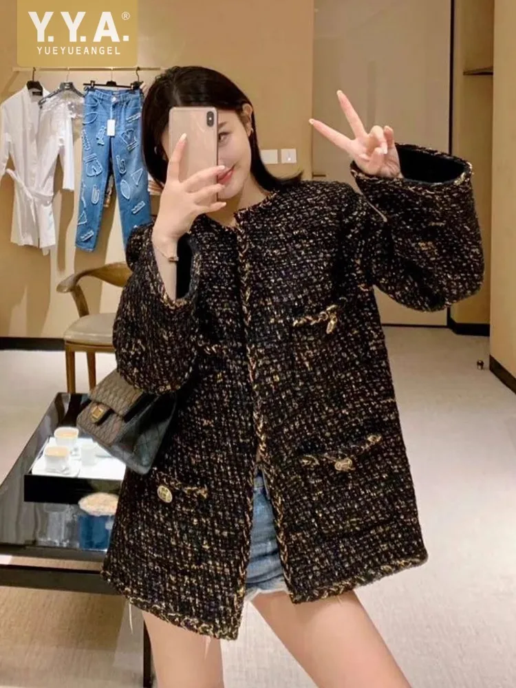 Винтажная женская весенне-осенняя твидовая куртка с круглым вырезом и карманами