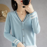 2022 early spring new cotton long sleeved v neck tops thin knitted sweaters womens short loose cardigans