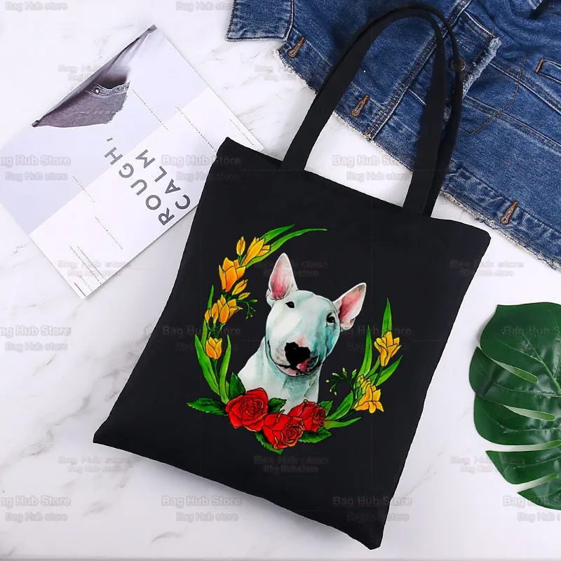 

Bull Terrier Group Ladies Handbags Canvas Tote Bag Cute Pet Dog Logo Funny Black Shopping Women Eco Shoulder Bags