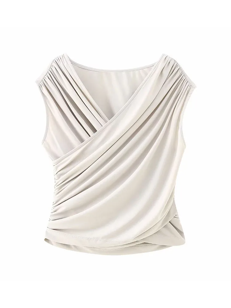

Women 2023 New Fashion wrinkle Cropped Tank Tops Vintage v-neck sleeveless Female Camis Chic Tops
