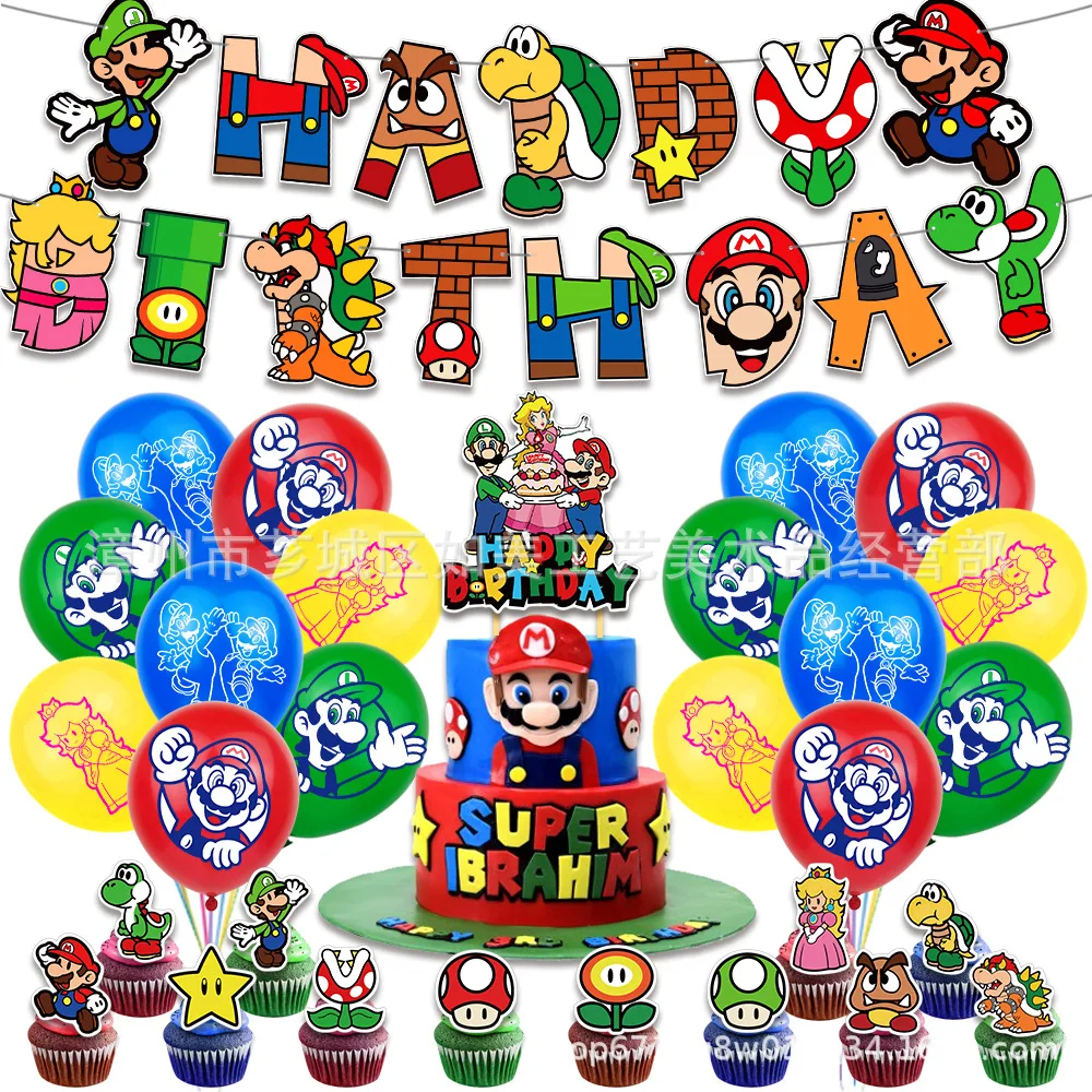 Super Mario Bros Festa Di Compleanno Palloncino Decorazione Set Bambini Festa Di Compleanno Forniture Striscioni Bandiera Tirando Torta Bandiera Piant