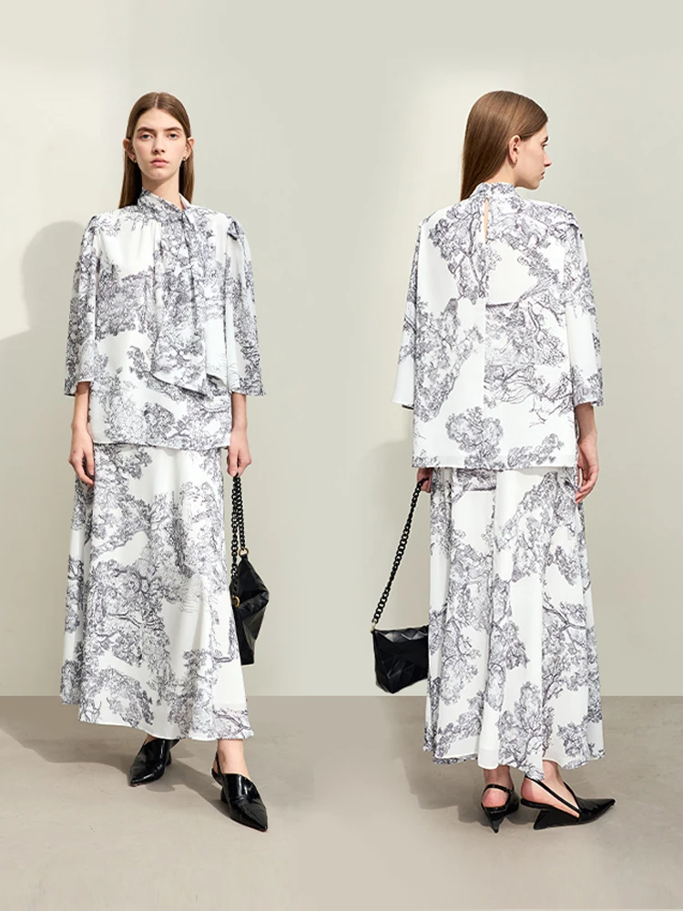  Женский модный комплект National Sle осень 2024 новый принт свободная юбка с рукавами 3/4