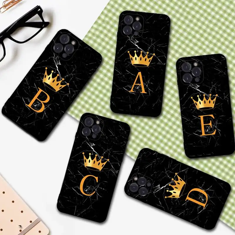 

Black Marble Crown Letter Phone Case For iPhone 14 13 12 Mini 11 Pro XS Max X XR SE 6 7 8 Plus Soft Silicone Cover