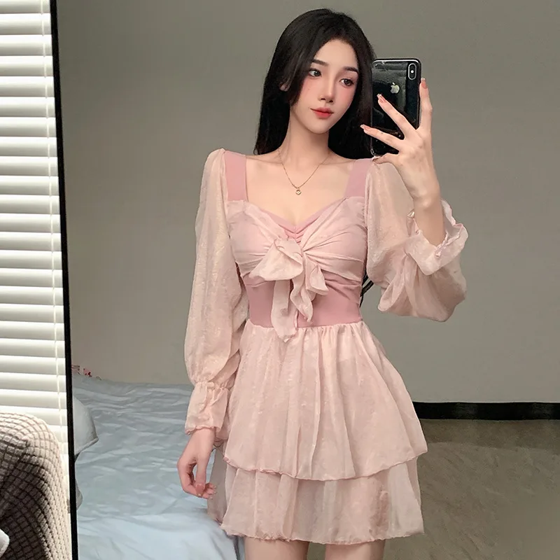 

Fairy One Piece Swimsuit 2023 Korean Swimsuit Women Long Sleeve Sexy Swimming Dress Hot Spring Swimsuit Bathing Suit Beachwear