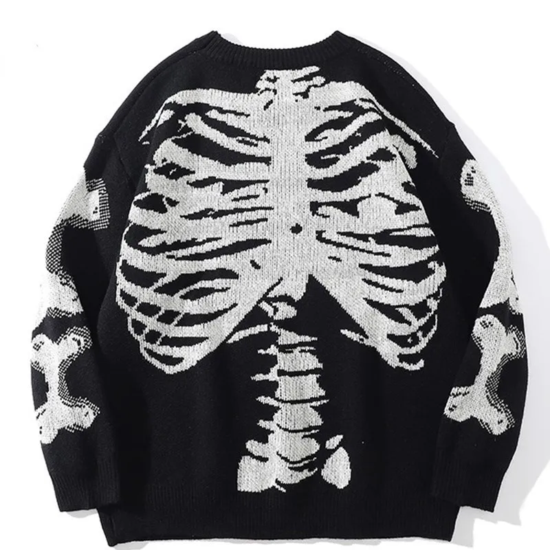 Men Oversized Sweater Black Loose Skeleton Bone Print Women Vintage Retro Knitted Sweater 2023 Autumn Cotton Pullover Unisex