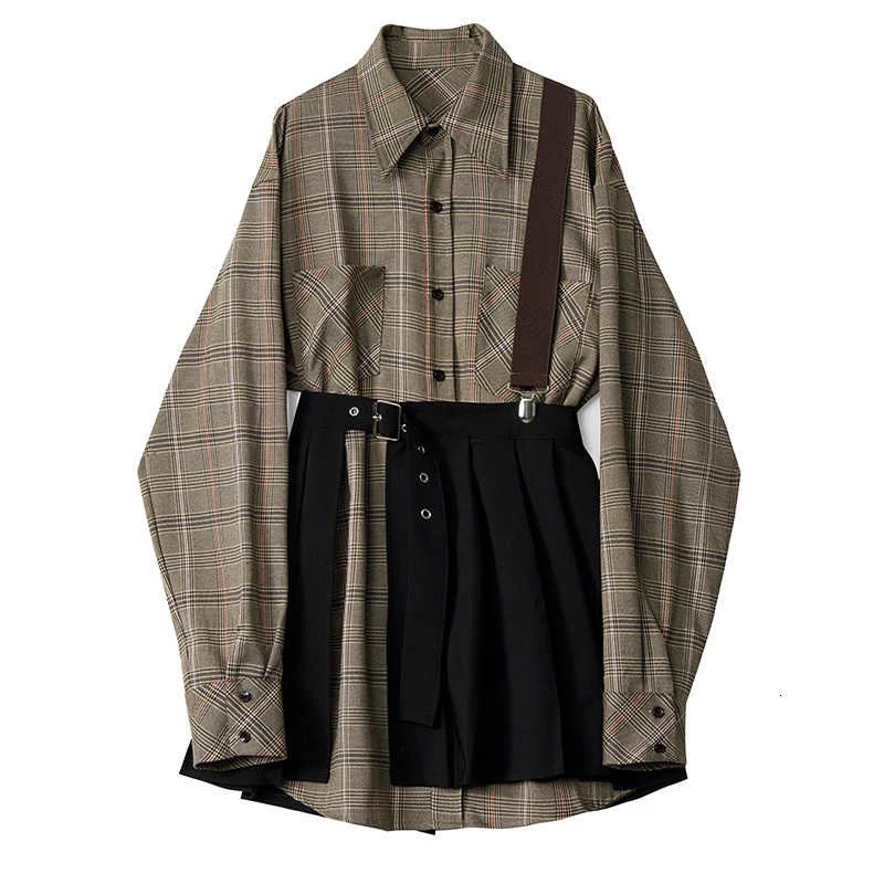 

Women Plaid Pleated Split Two Piece Dress New Lapel Long Sleeve Loose Fit Fashion Tide Summer 2022 Patchwork Female