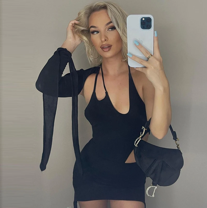 

Женское платье с асимметричным вырезом, приталенное платье на одно плечо с длинным рукавом и длинными бретельками