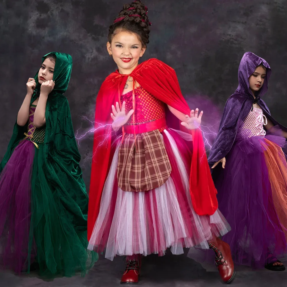 

2022 Halloween Hocus Pocus 2 Girls Tulle Crazy Witch Sarah Dress Carnival Disguised Child Cosplay Masquerade Party Infant Gowns