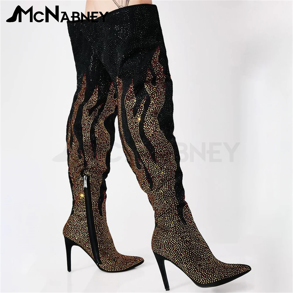 

Color Block Rhinestone Knee Boots Black and Gold Flame Pattern High Heels Sexy Fashion Style High Heels Modern Boots for Women