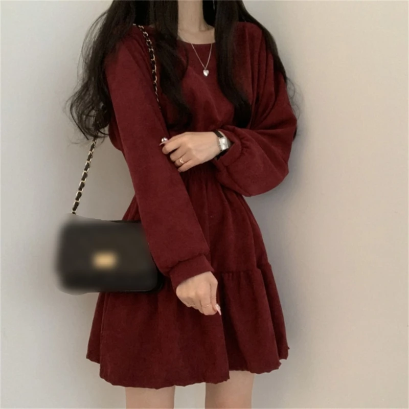 

Women's High Waist Mini Dress Long Sleeves Dres Sweet Square Collar A-line Dress