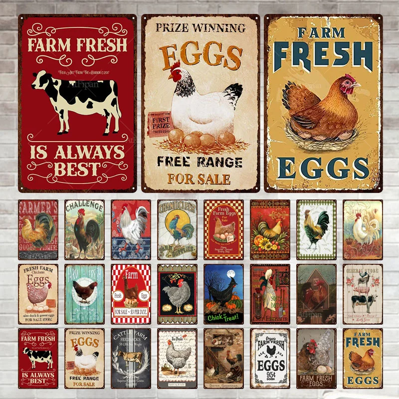 

Fresh Eggs Metal Tin Sign Vintage Plaque Metal Plate Sign Iron Painting Retro Poster Wall Stickers Happy Chicken Home Decoration