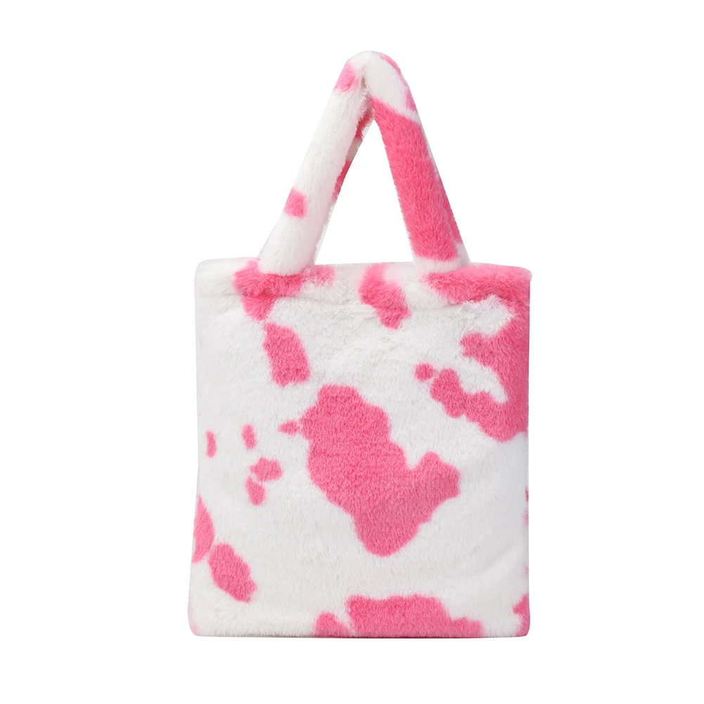 

Женская сумка с верхней ручкой, мягкие теплые плюшевые сумки, осенне-зимняя пушистая универсальная сумка для покупок с рисунком из коровьей...