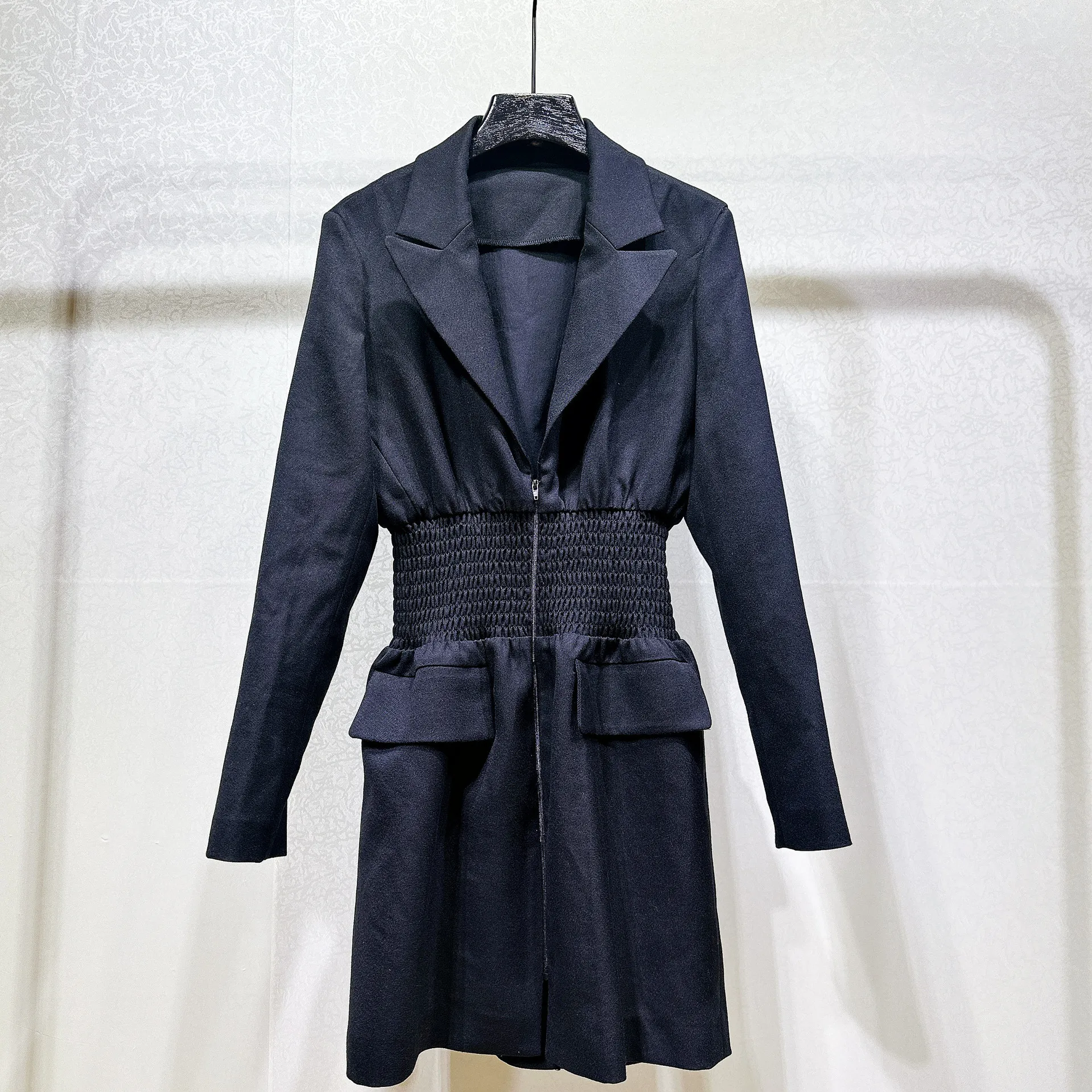 

Early Autumn 2023 Women Long Sleeve Mini Dress V-Neck High Waist Zipper A-Line Fashion Solid Color Short Robe for Female