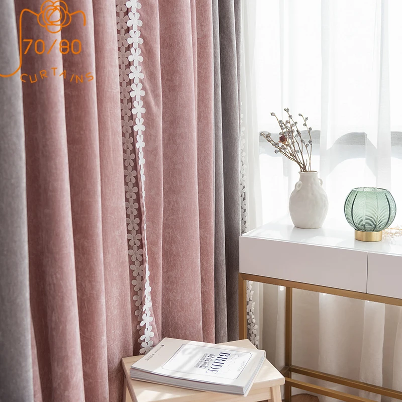 Princess Style Pink High-end Double-sided Chenille Lace Stitching Blackout Curtains for Living Room Bedroom Finished Product