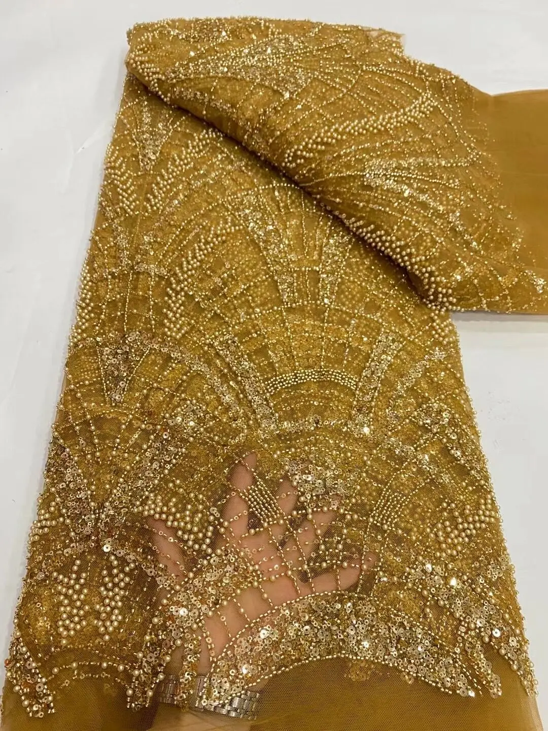 

2023 High Quality African Nigerian Tulle Lace Fabric Sequins Embroidery French Guipure Wedding Party Dress Beaded 5Yards